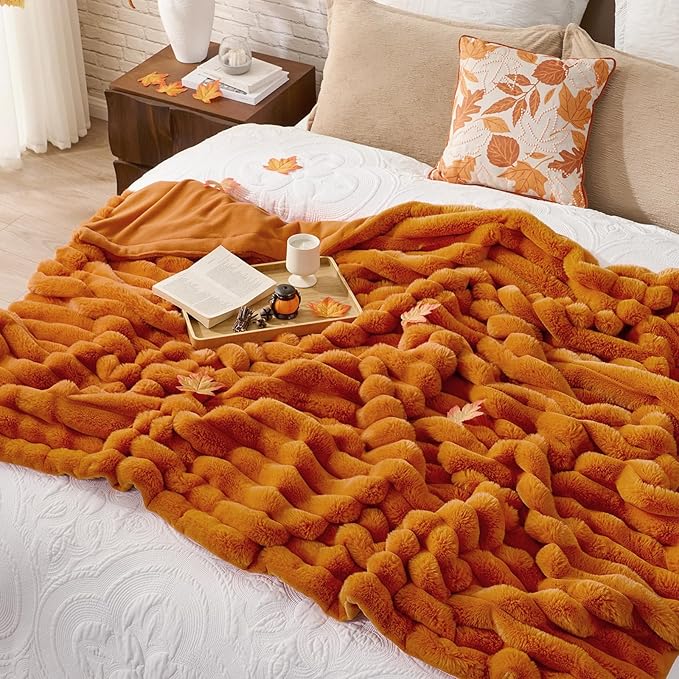 Cozy Bliss Faux Fur Throw Blanket for Couch, Cozy Warm Plush Striped Blanket for Sofa Bedroom Living Room, 50 * 60 Inches Burnt Orange