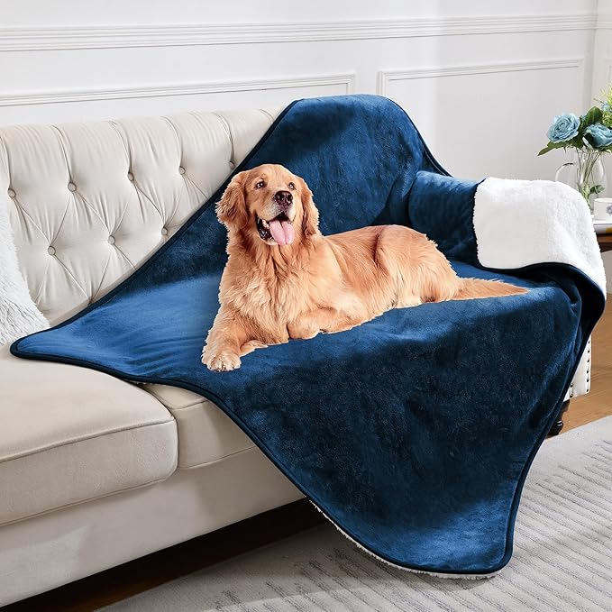 Waterproof Blanket for Bed Couch Sofa, Soft Liquid Pee Proof Pet Blanket for Dog Puppy Cat, Reversible Sherpa Fleece Furniture Protector (Navy Blue, 60x80 inches)