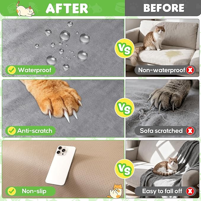 Loiion Cat Scratch Furniture Protector - Ultra Soft, Waterproof Sofa Cover to Keep Cats Off, Pet-Friendly Couch Protectors for Love Seat, Anti-Slip Couch Cover for Pets and Kids 118"X71" Grey