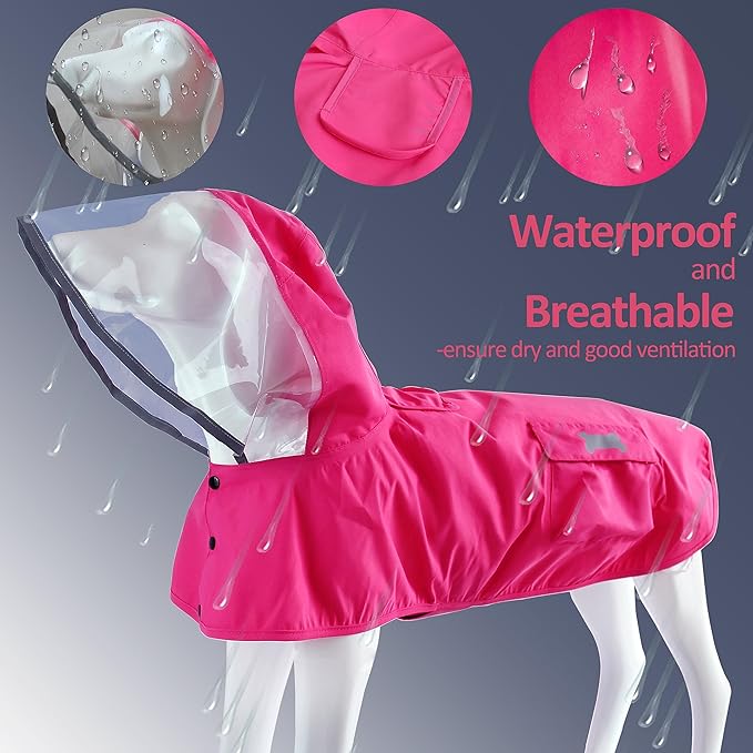 Waterproof Dog Raincoat, Adjustable Reflective Lightweight Pet Rain Clothes with Poncho Hood (XX-Large, Dark Pink)