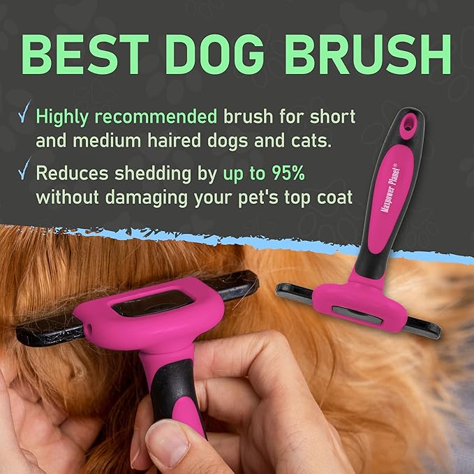 Maxpower Planet Pet Deshedding Brush - Grooming Tool for Dogs and Cats, Reduces Shedding by 95% - Comb for Short and Medium Hair - Pink