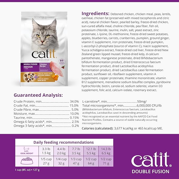 Catit Recipes Double Fusion Indoor Cat Food – Chicken Recipe, High-Protein, Freeze-Dried Raw Toppings, No by-Products, Minimally Processed, Balanced Nutrition for Indoor Cats, 4 lb