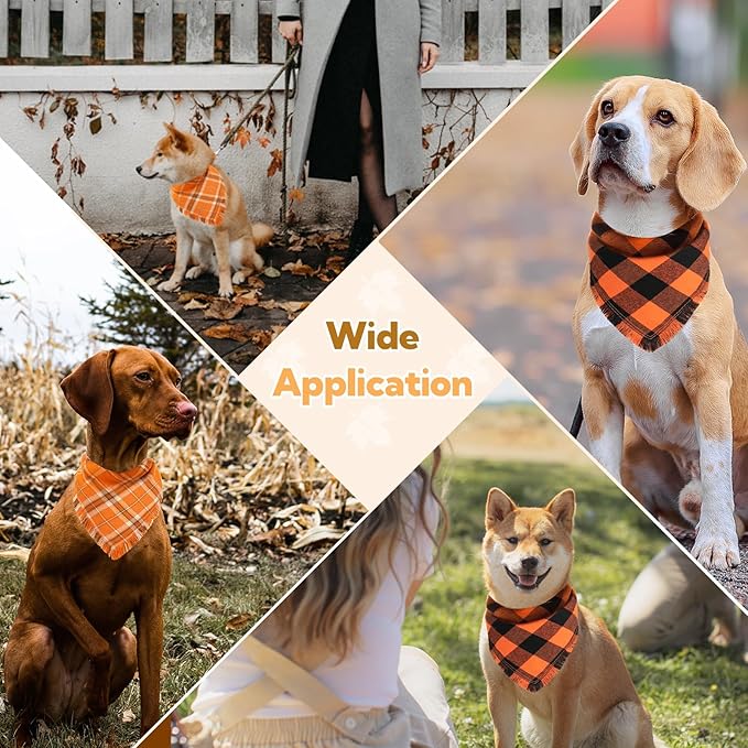 Kytely Fall Dog Bandana Autumn Thanksgiving Dog Bandanas Large, Orange Plaid Pet Scarf for Boy and Girl, Holiday Halloween Reversible Triangle Bibs Accessories for Dogs Pets