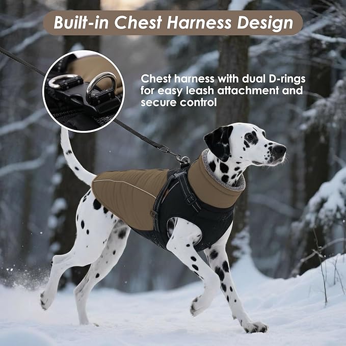 ASENKU Reflective Dog Coat with Built-in Harness, Windproof Fleece-Lined Dog Jacket for Small, Medium, Large Dogs, Warm Winter Vest with Turtleneck & Zipper (Khaki 3XL)