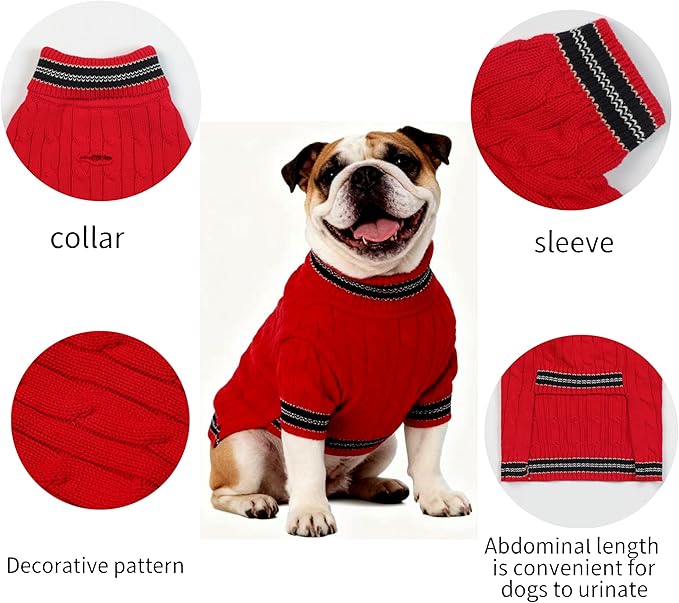 Medium/Large Dog Sweater, Warm Dog Winter Coat w/Sleeves, Comfortable High Neck & Leash Hole, Premium Dog Clothes for Bulldog-Best for Holidays, Daily Walks L Bright Red