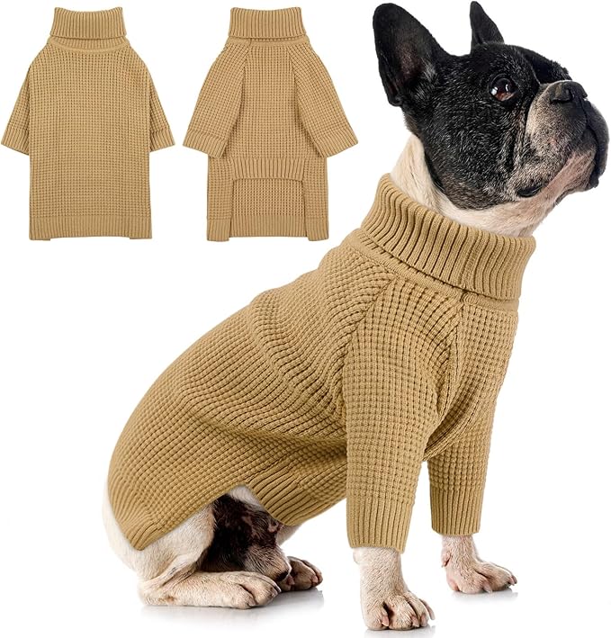 Queenmore Small Dog Sweater, Long Sleeve Pet Sweater with Check Pattern, Fall Winter Warm Dog Sweaters for Small Dogs, Solid Cat Sweaters, Brown S