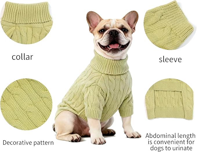 Medium/Large Dog Sweater, Warm Dog Winter Coat w/Sleeves, Comfortable High Neck Premium Dog Clothes for Bulldog-Best for Holidays, Daily Walks L Light Green