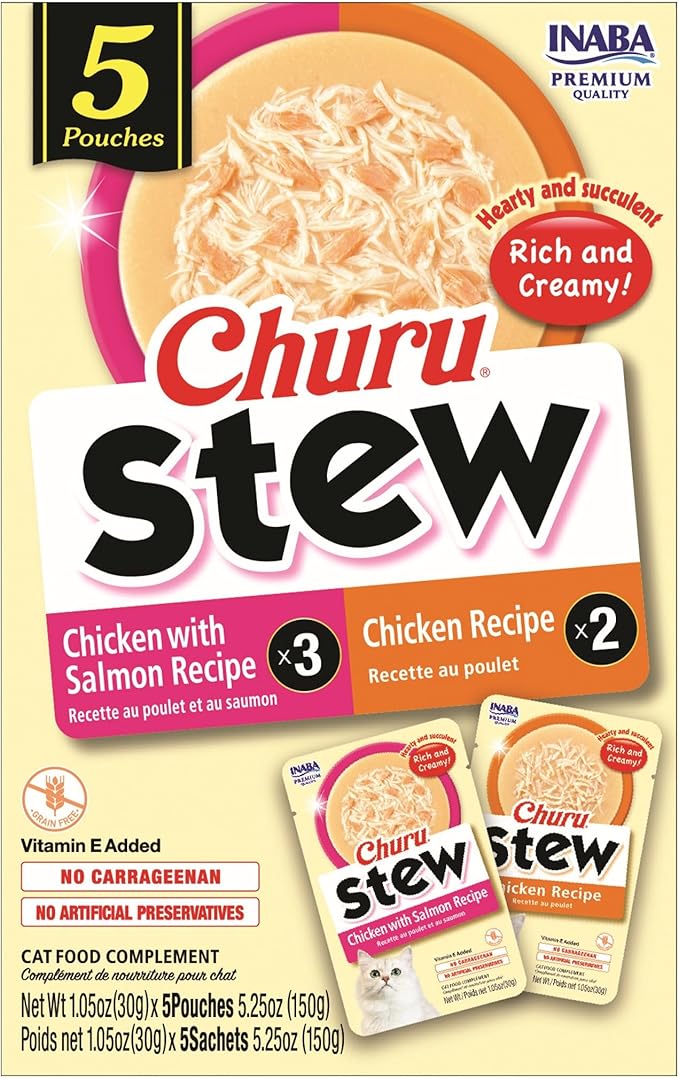 INABA Churu Stew for Cats, Broth Gelée with Shredded Chicken Side Dish with Vitamin E, 1 Ounce per Pouch, 5 Pouches Total, Chicken Variety Pack
