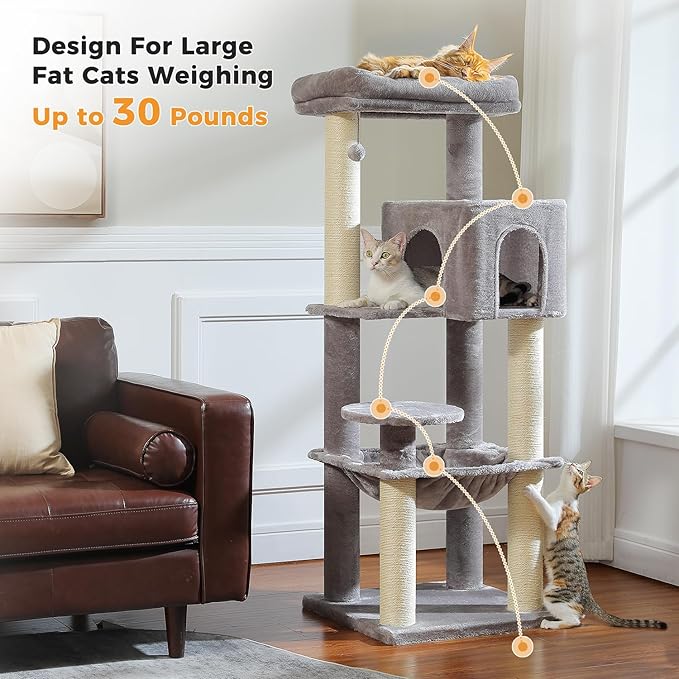 Large Cat Tree for Indoor Cats Large Adult, 57.8" Heavy Duty Cat Tower with 4 Reinforced Scratching Posts (φ3.7in) and Plush Larger Hammock for Maine Coon & Big Cats, Supports 30lbs, Grey