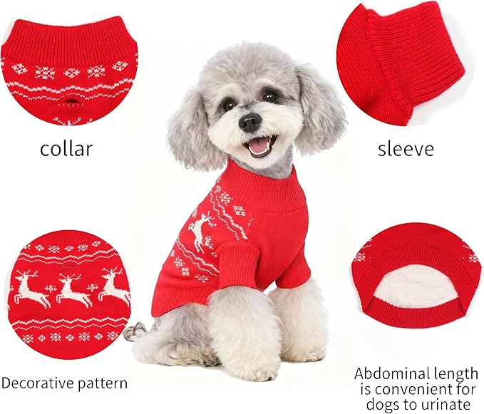 Christmas Small/Medium Dog Sweater, Warm Dog Winter Coat w/Sleeves & Leash Hole, Comfy Stretch Premium Dog Clothes for Mini Poodle-Best for Holidays, Daily Walks S Red