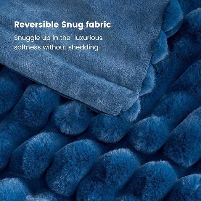 Cozy Bliss Faux Fur Throw Blanket for Couch, Cozy Warm Plush Striped Blanket for Sofa Bedroom Living Room, 108 * 90 Inches Navy Blue