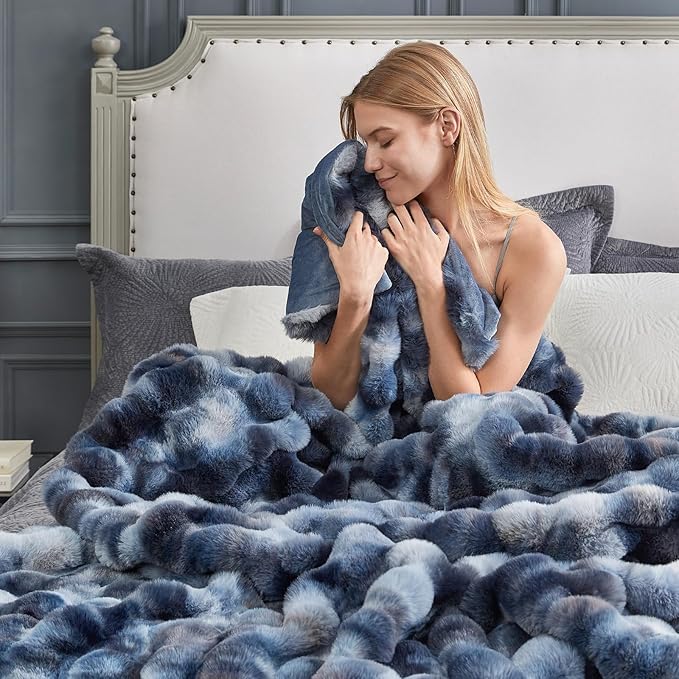 Cozy Bliss Faux Fur Throw Blanket for Couch, Fuzzy Soft Plush Thick Bubble Blanket for Sofa Bedroom Living Room, 50 * 60 Inches Tie-dye Blue