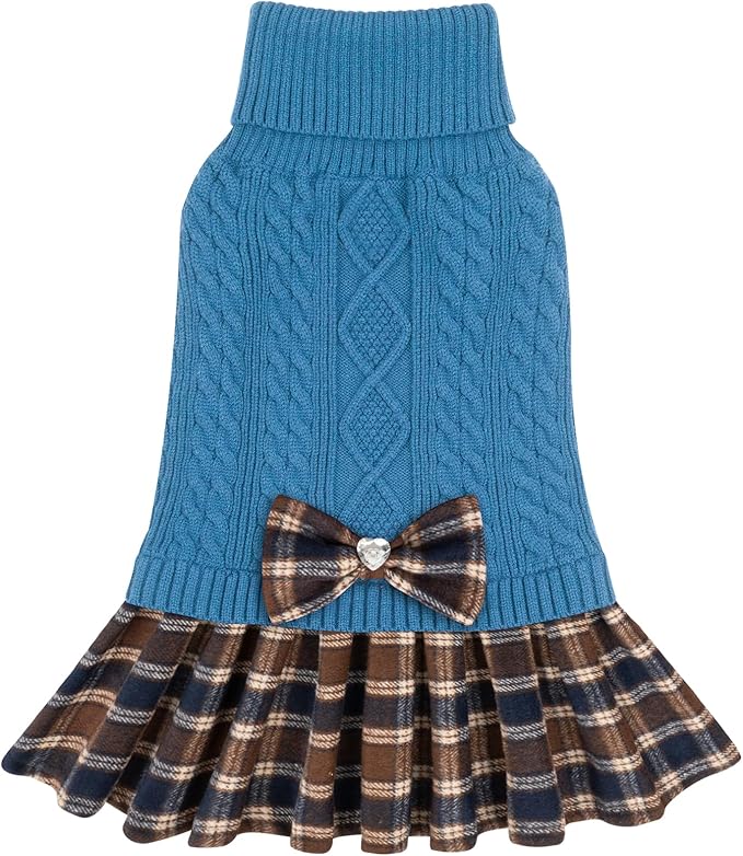 KYEESE Dog Sweater Comfy Dogs Clothes with Bowtie Warm Pullover Pet Coats Soft Turtleneck Cat Sweaters Thick Dog Sweaters for Small Dogs Male Stretchy Knitwear Pet Sweater Dress, Blue, Large