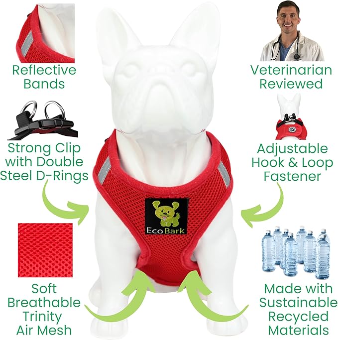 EcoBark Small Dog Harness for Toy Breed Dogs & Puppies - No Pull Soft Luxury Mesh - Step in Harness Halter Vest - Cute Adjustable Little Halter Body Wrap 7-10 lbs (Red, Small)