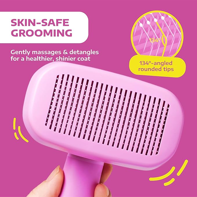 Hertzko Self Cleaning Slicker Brush for Cats & Dogs – Grooming Tool for Shedding Long & Short Hair – Retractable Bristles – Easy-Clean Cat & Dog Deshedding Brush – Painless Detangling - Pink