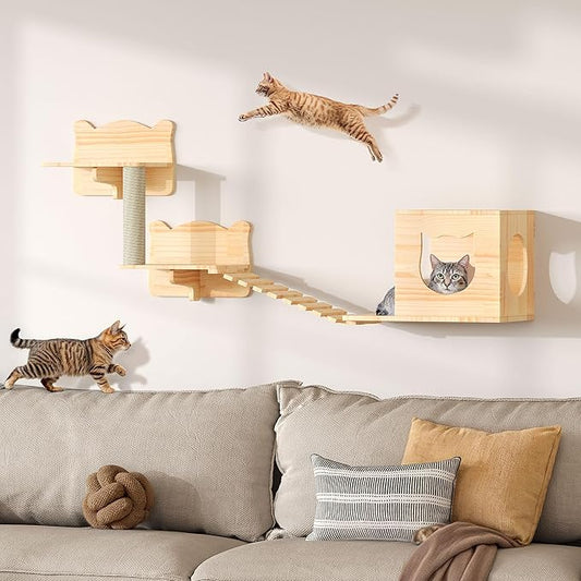 Wood Cat Wall Shelves, Cat Wall Furniture Solid Wooden Feline Shelf, 5 Piece Shelves and Perches with Bed, House, Steps, Bridge Ladder and Scratching Post