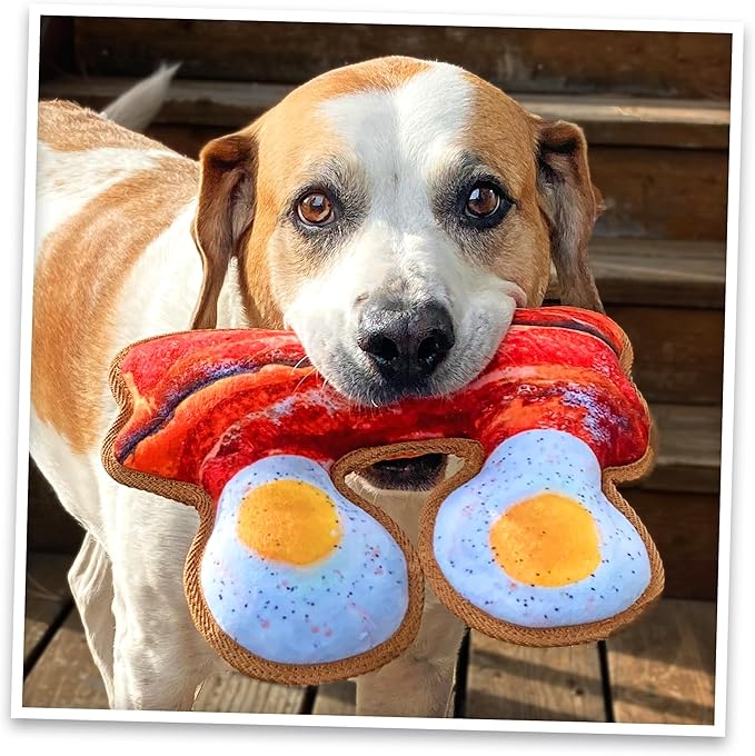 Doggijuana Tuffer Chewer Plush Dog Toy | Funny Dog Toy Plush with Juananip Catnip for Dogs | Calming Aid for Dogs | Interactive Squeaky Chew Toy for Play (Eggs & Bacon)