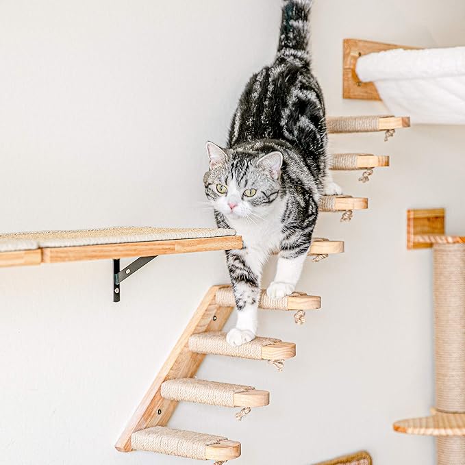 FUKUMARU Cat Climbing Shelf Wall Mounted, Four Step Cat Stairway with Jute Scratching for Kitten Perch Platform Walls Furniture - Left to Right