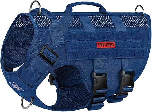 OneTigris Tactical Dog Harness for Small Medium Large Dogs, Mesh Design Service Dog Vest Breathable Military Dogs Molle Vests with Handles, Harness for Walking Hiking Training (Blue, S)