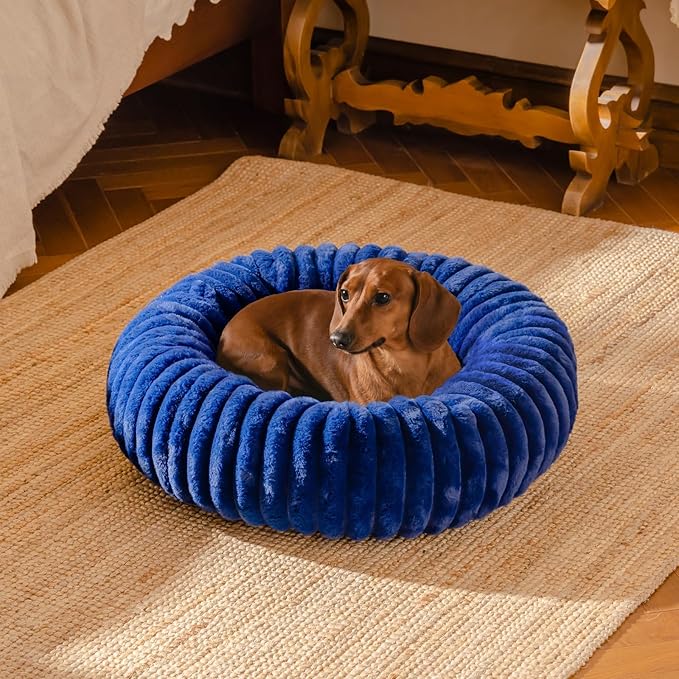 MEWOOFUN Donut Dog Beds for Small Dog, Calming Bed Round Cute Puppy Bed with Non-Slip Bottom, Fluffy Washable Pet Bed for Puppy and Kitten (Navy Blue, S (25x25x7))