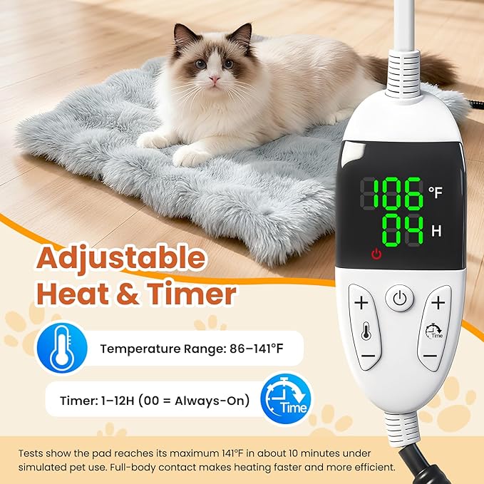Cat Heating Pad, Pet Heating Pad with Smart Thermostat, 12 Temp Levels & 0-12H Timer, Plush Fleece Cover, Waterproof & Chew Resistant, 18x18in for Cats and Small Dogs