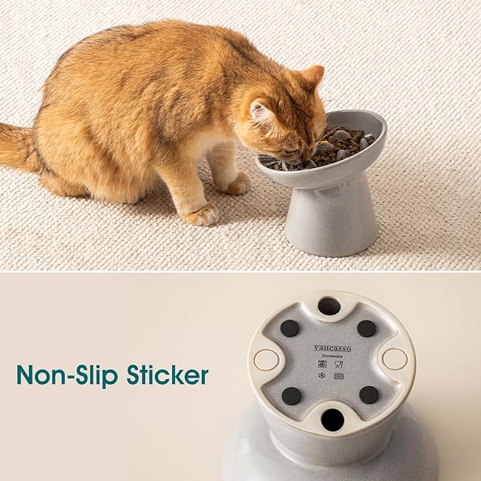 vancasso Ceramic Slow Feeder Cat Bowl, 6.25 Inch Elevated Cat Slow Feeder Bowl, Anti Vomiting for Dry and Wet Food, Grey