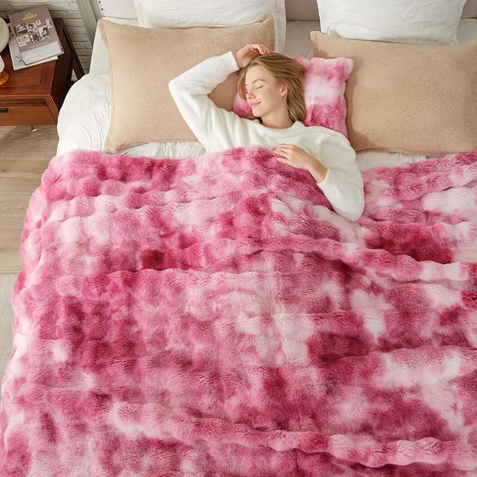 Cozy Bliss Faux Fur Throw Blanket for Couch, Bubble Plush Blanket Queen Size, Fuzzy Soft & Thick Blanket for Bed Sofa Living Room, 90x90 Inches Tie-dye Pink