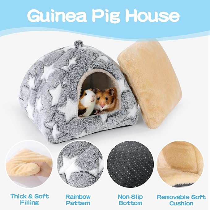 MABOZOO 3 Pack Guinea Pig House Accessories, Washable 2 Guinea Pig House and Hideout Tunnel with Curtains, Chinchilla Hideout for Hamster, Rabbit, Bunny, Chinchillas (Gray-Star)
