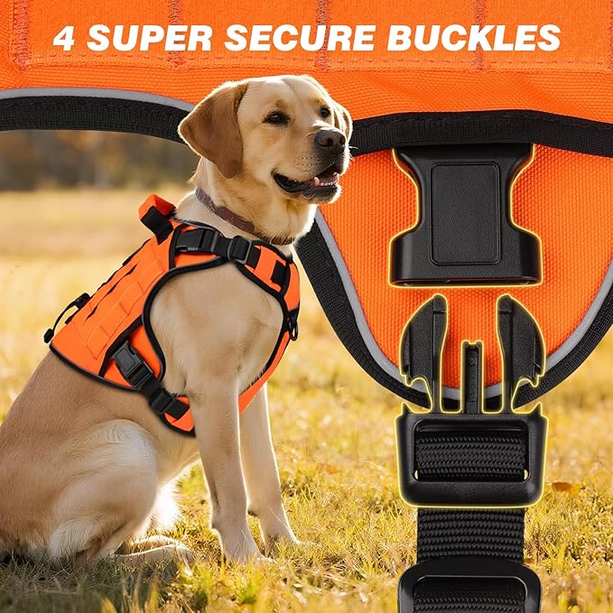 WINGOIN Tactical Dog Harness for Extra Large Dogs, Heavy Duty No Pull Dog Harness with Handle, Adjustable Reflective Military K9 Big Dog Vest for Great Dane, Walking, Training, Hunting, Orange (XXL)
