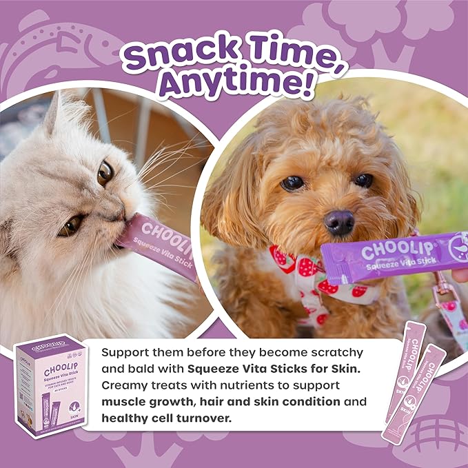 Choolip Squeeze Vita Stick Lickable Cat and Dog Treats – 7-Count Skin and Coat Support Sticks with Multivitamins, Soft Squeezable Paste for All Life Stages, Supporting Skin and Coat Health