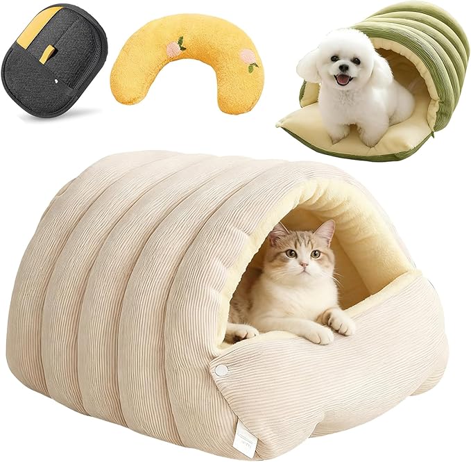 Cutypet Winter Cave, Cozy Monster Cat Bed, Warmth Cozy Comfort Plush Pet Cave with Removable Washable Cushion & Non-Slip Bottom - for Indoor Sleep (Beige, S17.7 * 11.8 * 7.5in)
