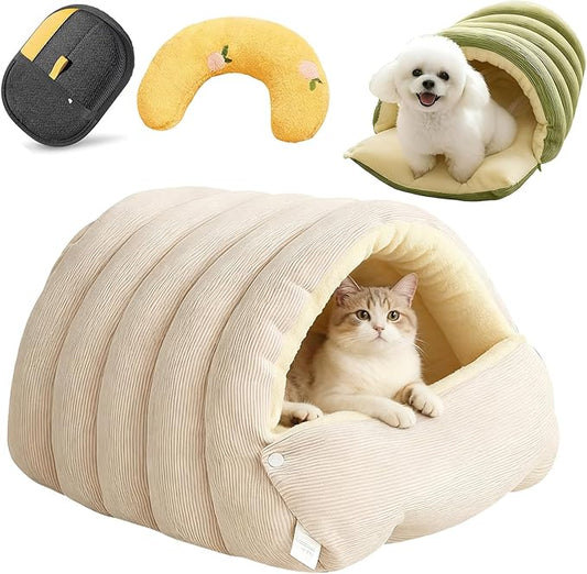 Cutypet Winter Cave, Cozy Monster Cat Bed, Warmth Cozy Comfort Plush Pet Cave with Removable Washable Cushion & Non-Slip Bottom - for Indoor Sleep (Beige, M(13.8 * 11.8 * 19.3in))