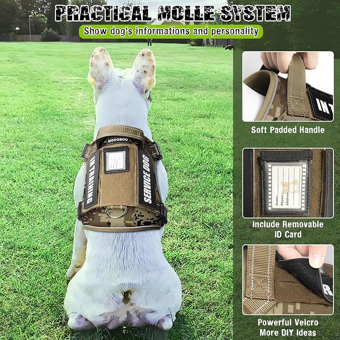 Tactical Dog Harness and Leash Set Small Sized Dog,Heavy Duty No Pull Service Dog Vest and 10 Patches with Dog Seat Belt,Reflective Adjustable Pet Harness for Training Walking Hiking Camo S