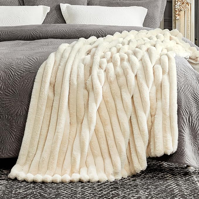 Cozy Bliss Faux Fur Throw Blanket for Couch, Cozy Warm Plush Striped Blanket for Sofa Bedroom Living Room, 60 * 80 Inches Beige