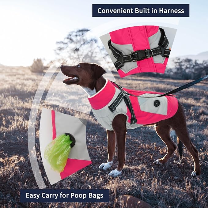 IECOii Dog Coat for Large Dogs Waterproof Dog Winter Jacket with Harness Built in, Rosered - XXLarge, Thermal Warm Fleece Lined, Reflective Dogs Jackets for Cold Weather Camping, Hiking, Pitbull