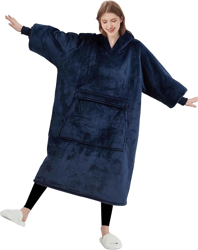 KFUBUO Wearable Blanket Hoodie for Adult Long Sherpa Oversized Hoodie Sweatshirt Blanket Birthday Gifts for Women Navy
