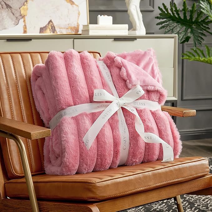 Cozy Bliss Faux Fur Throw Blanket for Couch, Cozy Warm Plush Striped Blanket for Sofa Bedroom Living Room, 50 * 60 Inches Hot Pink