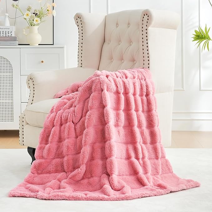 Cozy Bliss Faux Fur Throw Blanket for Couch, Cozy Warm Plush Striped Blanket for Sofa Bedroom Living Room, 50 * 60 Inches Pink