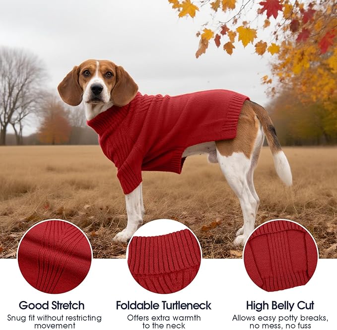 IECOii XXL Dog Sweater,Thermal Knit Big Dog Sweater Christmas,Pet Turtleneck Doggy Sweatshirt for Extra Large Dogs Boy Girl,Stretchy Large Dogs Cold Weather Outfit Pitbull Clothes,(Red,2XL)