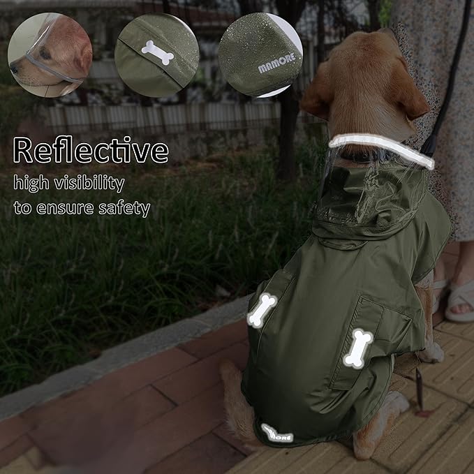 Waterproof Dog Raincoat, Adjustable Reflective Lightweight Pet Rain Clothes with Poncho Hood (Army Green, XX-Large)