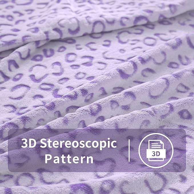 FY FIBER HOUSE Flannel Fleece Throw Microfiber Blanket with 3D Cheetah Print, 90"X108", Purple