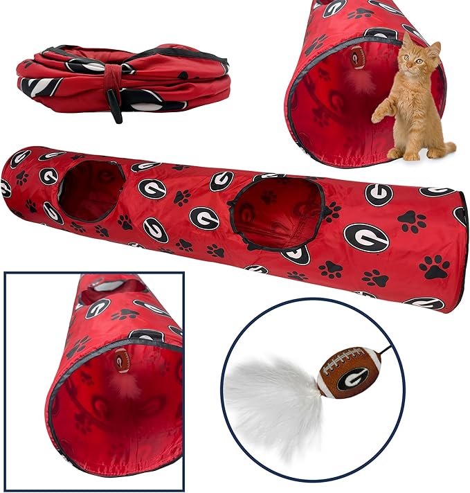 NCAA Georgia Bulldogs Cat Tunnel Tube Toy with Plush Football Catnip and Feathers