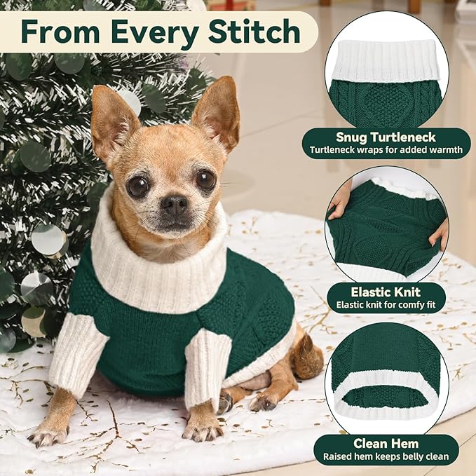 Dog Sweater for Small Dogs Argyle Cable Knit Turtleneck Pullover Winter Clothes Boys Girls Stretch Puppy Doggie Chihuahua Yorkie Pomeranian Toy Poodle Pet (S, Green)