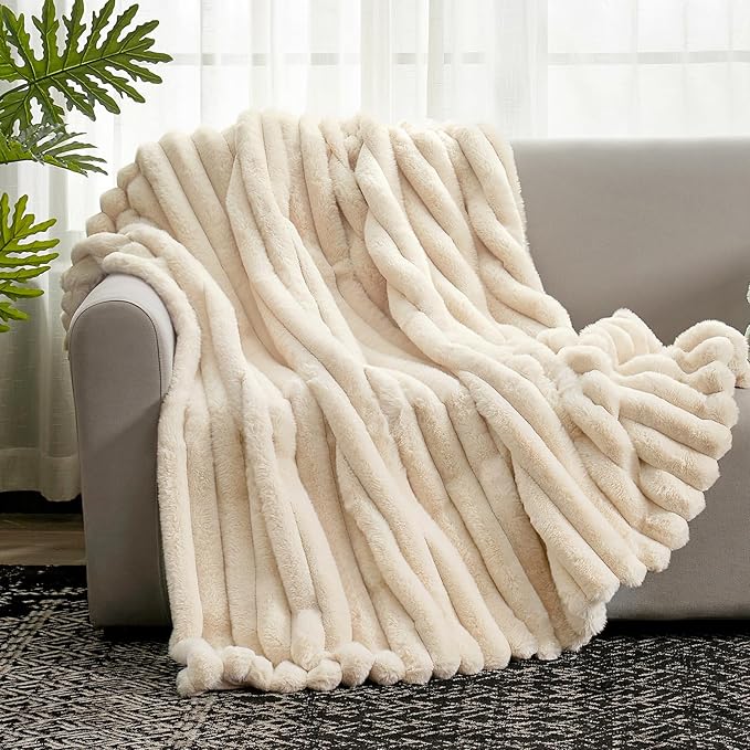 Cozy Bliss Faux Fur Throw Blanket for Couch, Cozy Warm Plush Striped Blanket for Sofa Bedroom Living Room, 60 * 80 Inches Beige