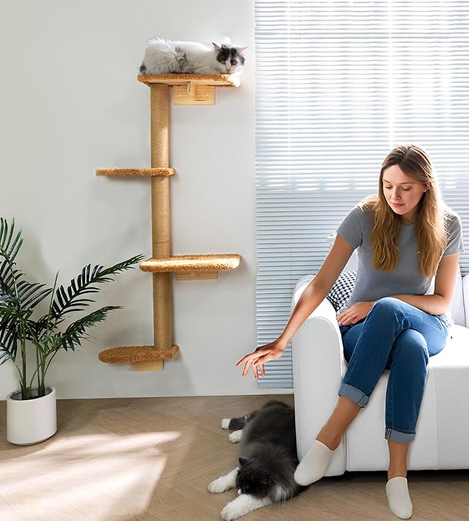 Brown Wall Mounted Cat Wall Climber & Tree for Kittens, 4 Platform Cat Shelves with Brown Plush Cushions, Floating Furniture for Climbing, Lounging, Scratching – 49” Tall