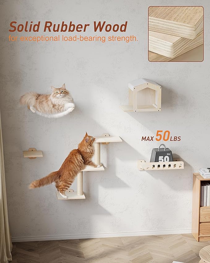 Cat Wall Shelves, 5-in-1 Cat Wall Furniture with Large Hammock and Perch, Space-Saving Shelves Set for Indoor Cats