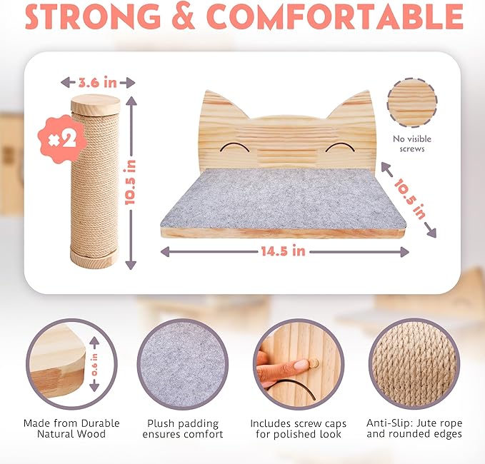 IDAE Cat Wall Shelves Set of 3 – Solid Wood Cat Shelf with 2 Wall Steps - Modern Climbing Furniture for Large Indoor Cats - Space-Saving Natural Perch Set