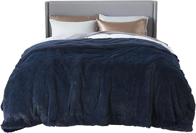Bedsure GentleSoft Fluffy Navy Blue Blankets Queen Size for Bed, Thick Sherpa Fleece Faux Fur Fuzzy Plush Winter Warm Soft Full Queen Blankets, Bedroom Decor Blue Gifts for Women Men, 90x90