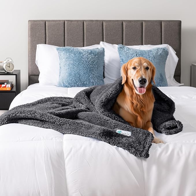 PetAmi Fluffy Waterproof Dog Blanket for Bed Large Dogs, Soft Warm Pet Sherpa Throw Pee Proof Couch Cover, Reversible Cat Blanket Sofa Crate Kennel Protector, Washable Mat Queen (Grey, 90x90)