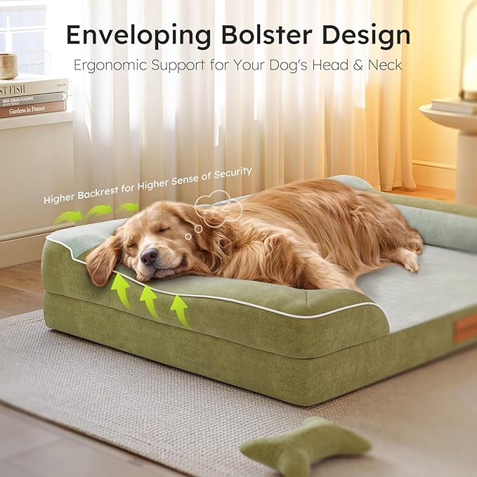 Extra Large Dog Bed, Orthopedic Dog Bed with Cooling Gel Memory Foam, Waterproof XL Pet Bed with Removable Washable Cover, 42" Pet Sofa Couch Dutch Velvet with Bone Toy, Dark Green